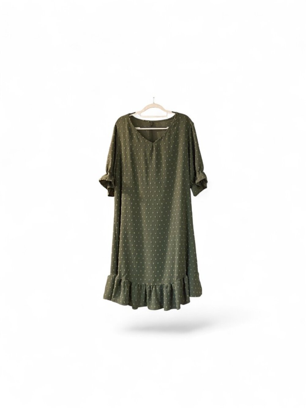 Olive Taupe Swiss Dot Babydoll Dress 1XL Puff Sleeve Cottagecore Midi